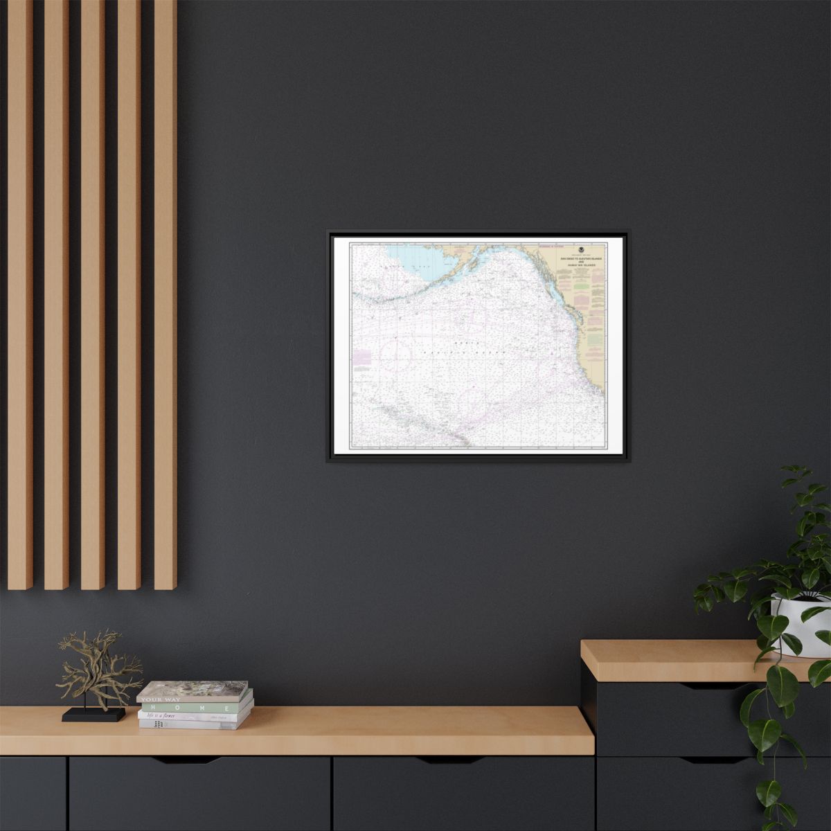 Chart 530 North America West Coast San Diego to Aleutian Islands and Hawaiian Islands - NOAA Nautical Chart Floating Frame Canvas | 32" x 24" | 40" x 30" - Black context-2