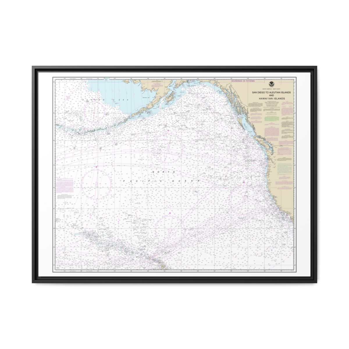 Chart 530 North America West Coast San Diego to Aleutian Islands and Hawaiian Islands - NOAA Nautical Chart Floating Frame Canvas | 32" x 24" | 40" x 30" - Black front