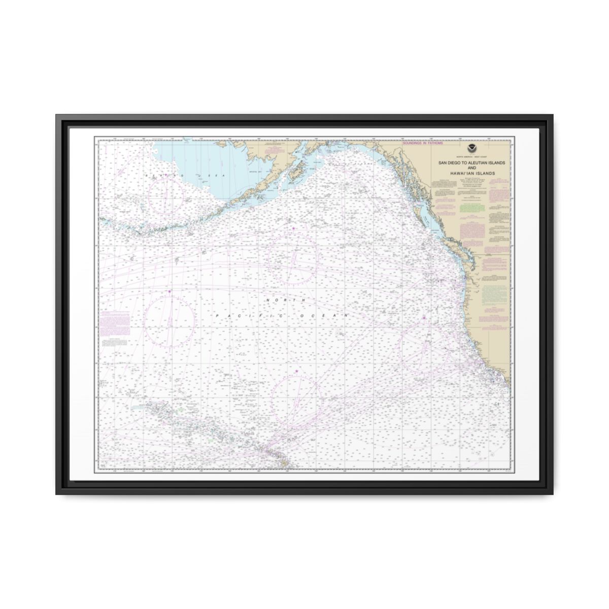 Chart 530 North America West Coast San Diego to Aleutian Islands and Hawaiian Islands - NOAA Nautical Chart Floating Frame Canvas | 32" x 24" | 40" x 30" - Black front