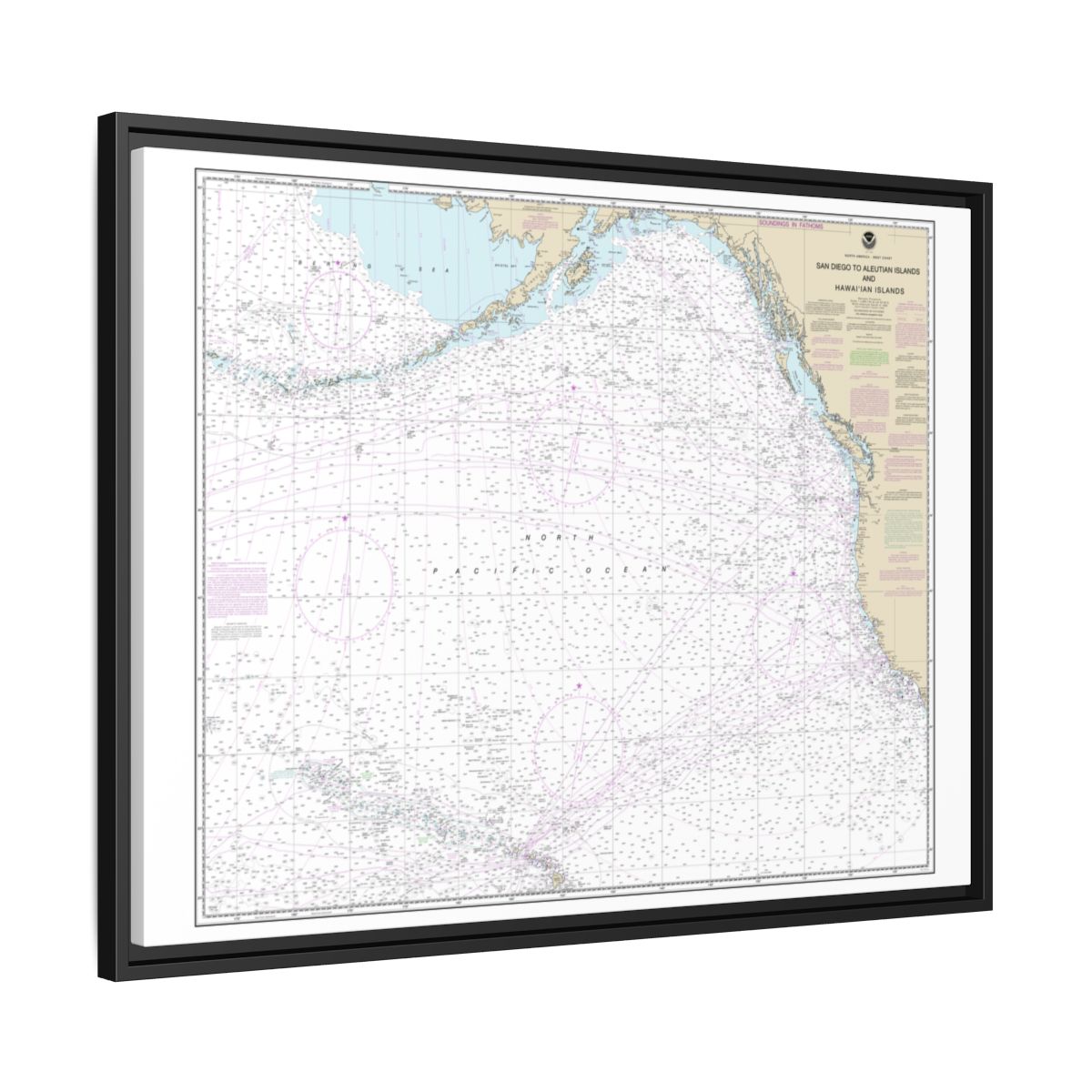 Chart 530 North America West Coast San Diego to Aleutian Islands and Hawaiian Islands - NOAA Nautical Chart Floating Frame Canvas | 32" x 24" | 40" x 30" - Black side