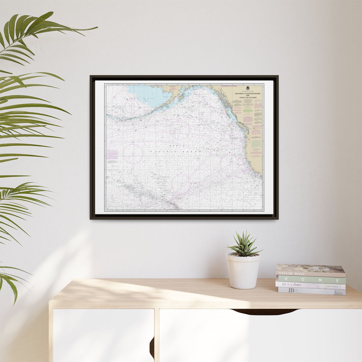 Chart 530 North America West Coast San Diego to Aleutian Islands and Hawaiian Islands - NOAA Nautical Chart Floating Frame Canvas | 32" x 24" | 40" x 30" - Espresso context-1