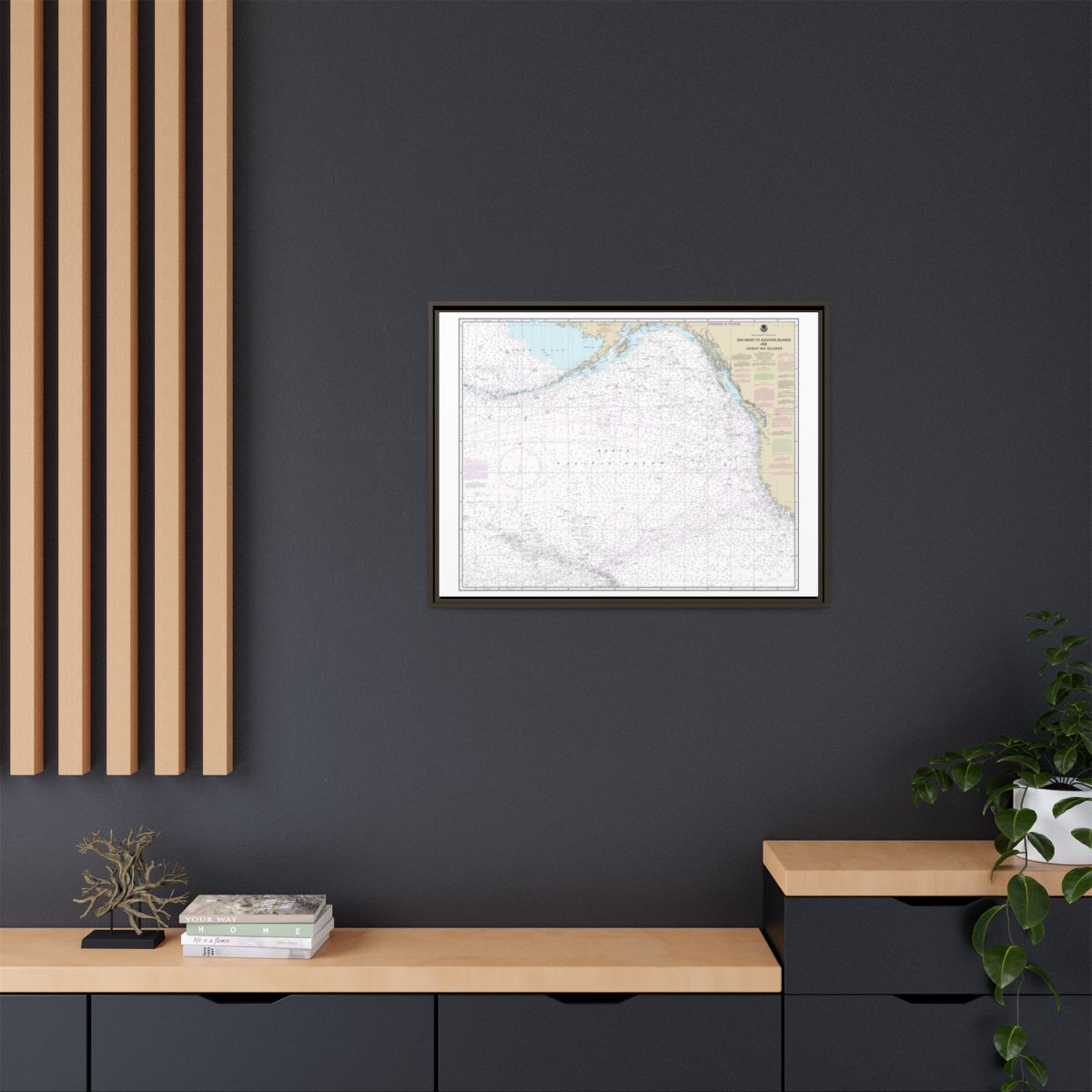 Chart 530 North America West Coast San Diego to Aleutian Islands and Hawaiian Islands - NOAA Nautical Chart Floating Frame Canvas | 32" x 24" | 40" x 30" - Espresso context-2