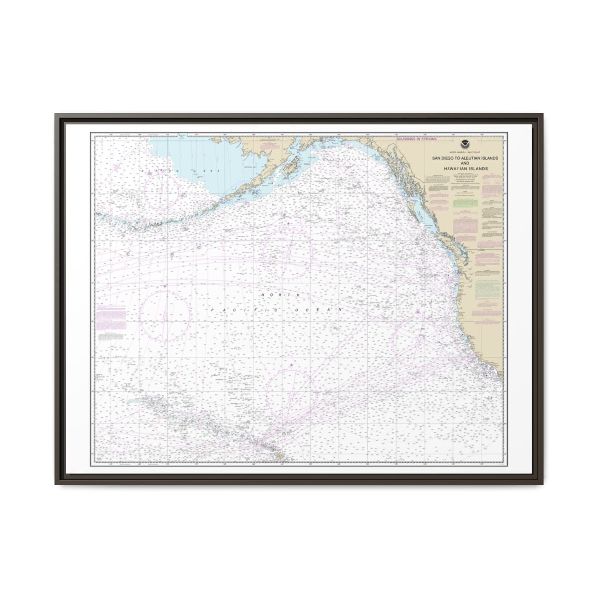 Chart 530 North America West Coast San Diego to Aleutian Islands and Hawaiian Islands - NOAA Nautical Chart Floating Frame Canvas | 32" x 24" | 40" x 30" - Espresso front