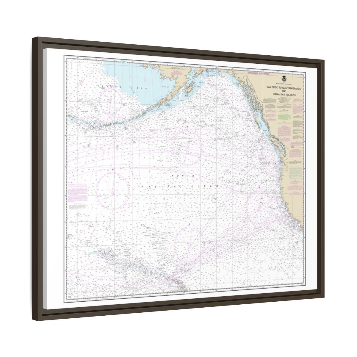 Chart 530 North America West Coast San Diego to Aleutian Islands and Hawaiian Islands - NOAA Nautical Chart Floating Frame Canvas | 32" x 24" | 40" x 30" - Espresso side