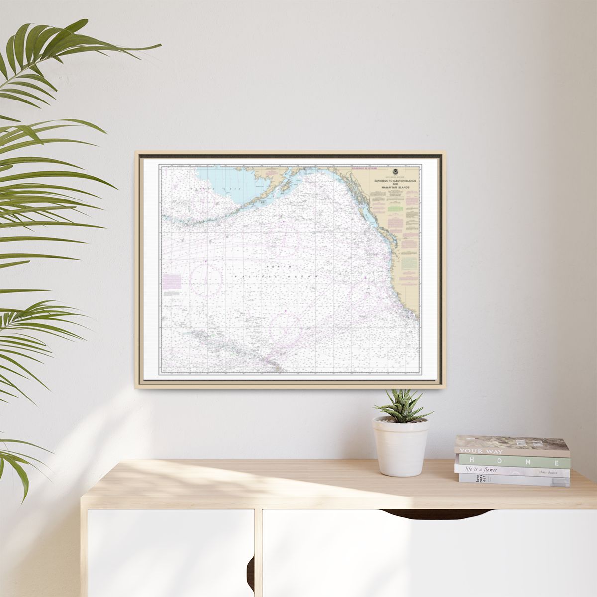 Chart 530 North America West Coast San Diego to Aleutian Islands and Hawaiian Islands - NOAA Nautical Chart Floating Frame Canvas | 32" x 24" | 40" x 30" - Natural context-1