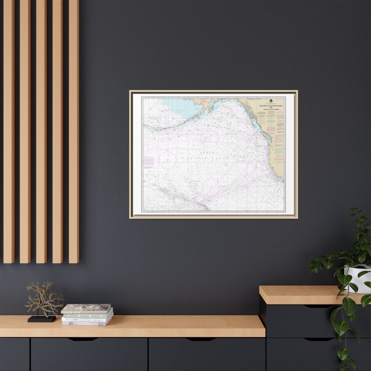 Chart 530 North America West Coast San Diego to Aleutian Islands and Hawaiian Islands - NOAA Nautical Chart Floating Frame Canvas | 32" x 24" | 40" x 30" - Natural context-2