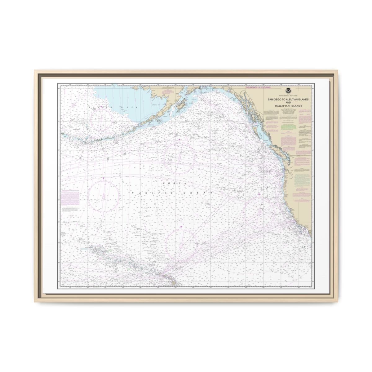 Chart 530 North America West Coast San Diego to Aleutian Islands and Hawaiian Islands - NOAA Nautical Chart Floating Frame Canvas | 32" x 24" | 40" x 30" - Natural front