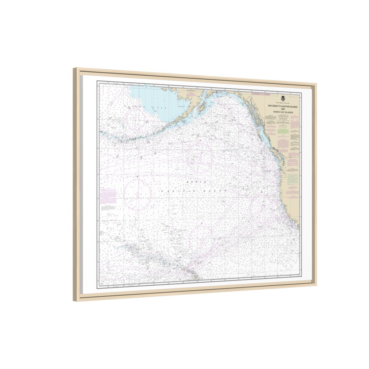Chart 530 North America West Coast San Diego to Aleutian Islands and Hawaiian Islands - NOAA Nautical Chart Floating Frame Canvas | 32" x 24" | 40" x 30" - Natural side