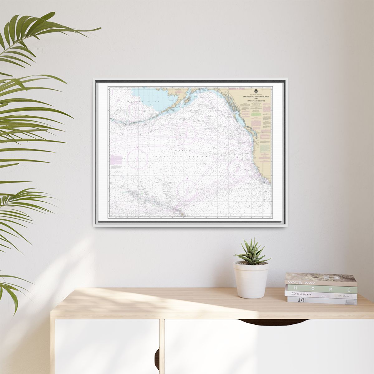 Chart 530 North America West Coast San Diego to Aleutian Islands and Hawaiian Islands - NOAA Nautical Chart Floating Frame Canvas | 32" x 24" | 40" x 30" - White context-1