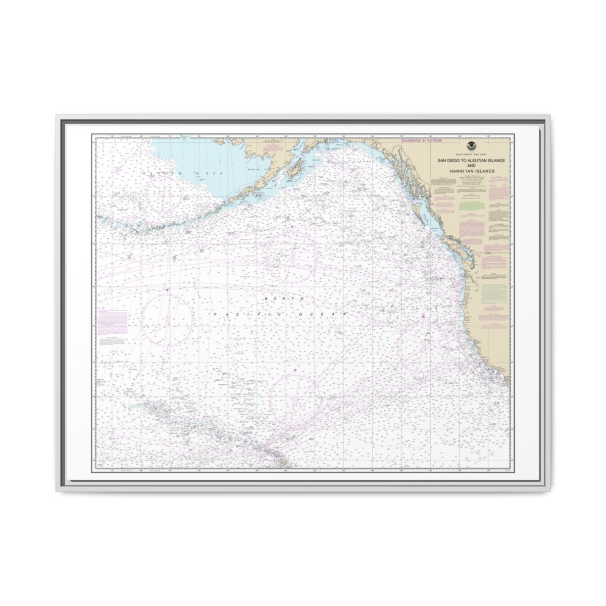Chart 530 North America West Coast San Diego to Aleutian Islands and Hawaiian Islands - NOAA Nautical Chart Floating Frame Canvas | 32" x 24" | 40" x 30" - White front
