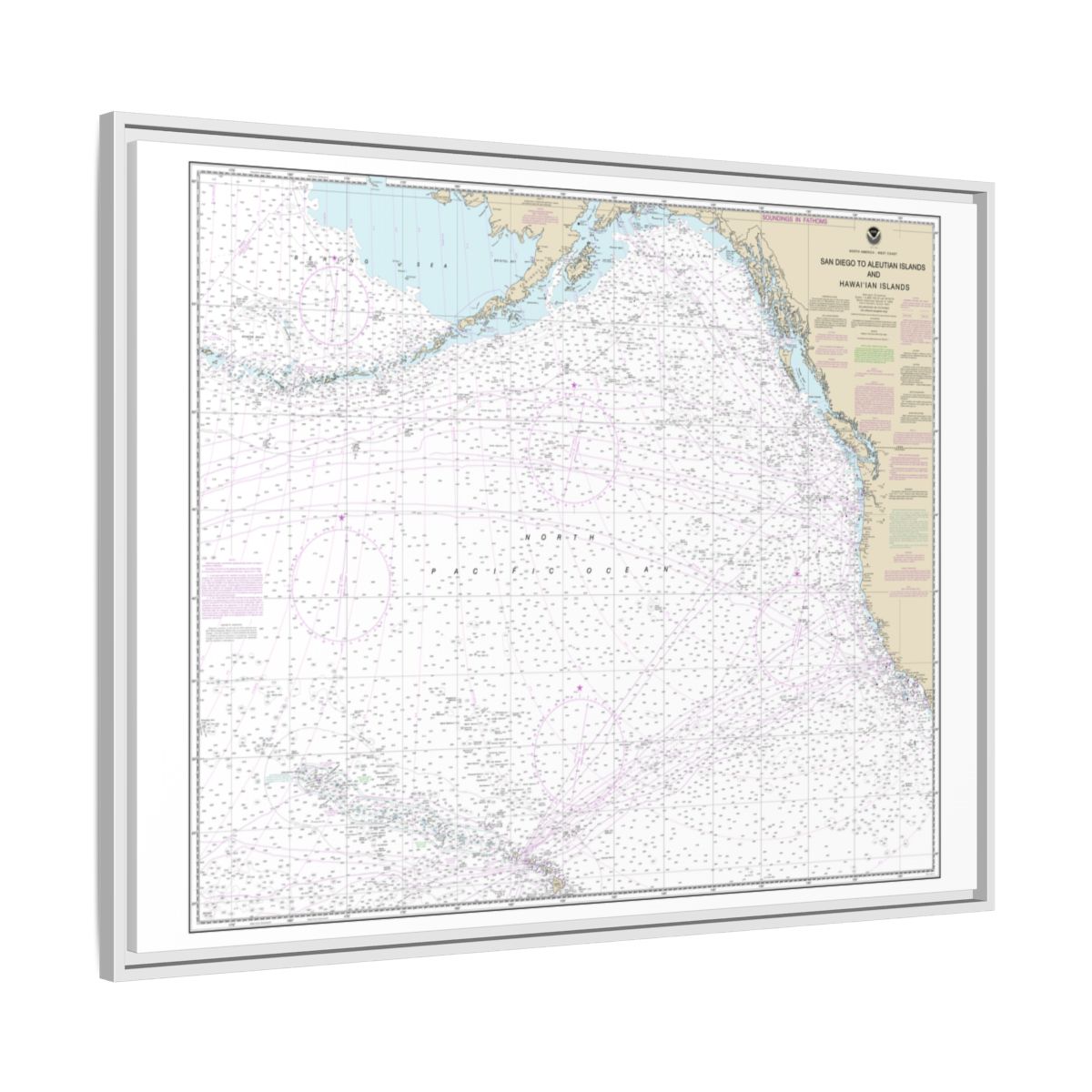 Chart 530 North America West Coast San Diego to Aleutian Islands and Hawaiian Islands - NOAA Nautical Chart Floating Frame Canvas | 32" x 24" | 40" x 30" - White side