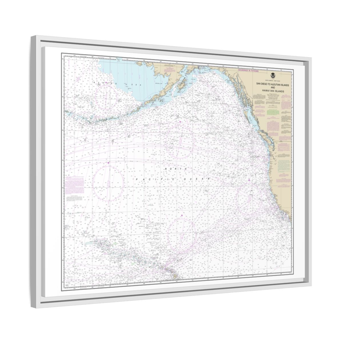 Chart 530 North America West Coast San Diego to Aleutian Islands and Hawaiian Islands - NOAA Nautical Chart Floating Frame Canvas | 32" x 24" | 40" x 30" - White side