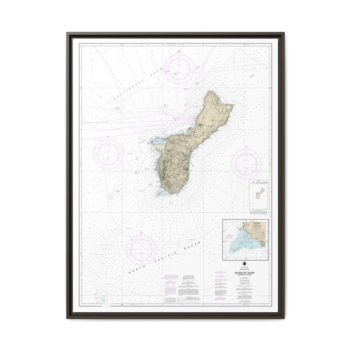 Chart 81048 Mariana Islands Island of Guam Territory of Guam;Cocos Lagoon - NOAA Nautical Chart Floating Frame Canvas | 24" x 32" | 30" x 40" - Espresso front