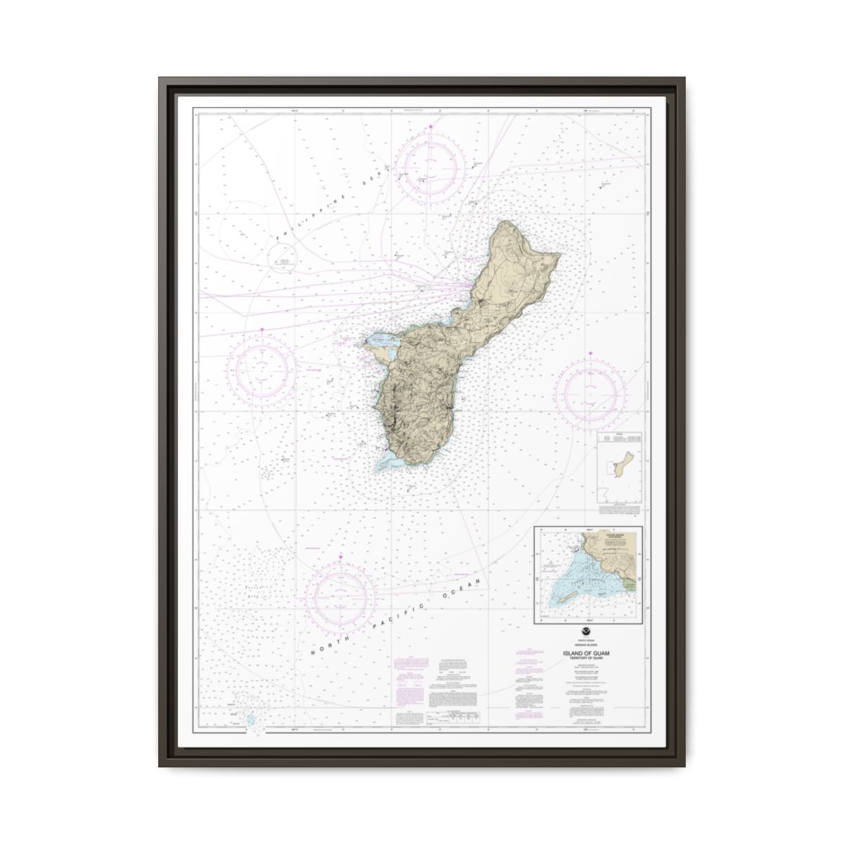 Chart 81048 Mariana Islands Island of Guam Territory of Guam;Cocos Lagoon - NOAA Nautical Chart Floating Frame Canvas | 24" x 32" | 30" x 40" - Espresso front