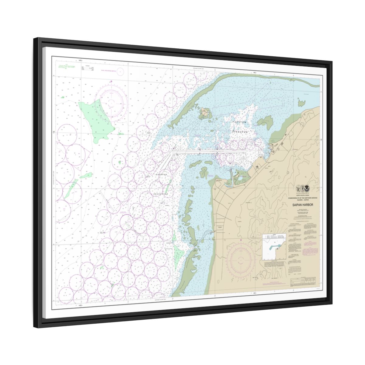 Chart 81076 Commonwealth of the Northern Mariana Islands Saipan Harbor - NOAA Nautical Chart Floating Frame Canvas | 32" x 24" | 40" x 30" - Black side