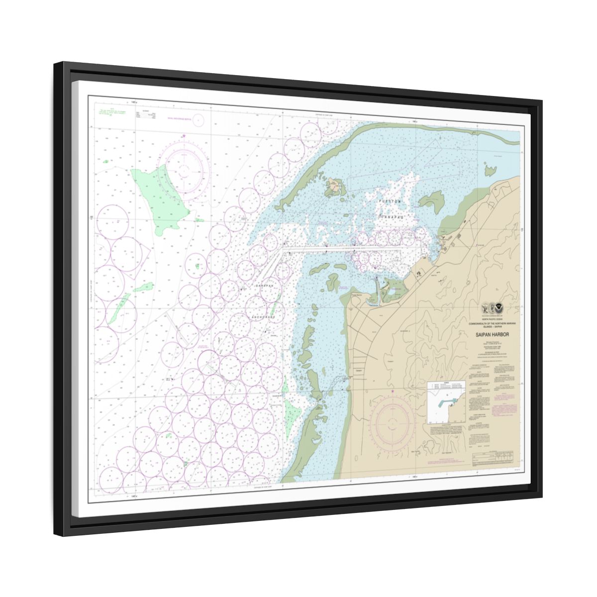 Chart 81076 Commonwealth of the Northern Mariana Islands Saipan Harbor - NOAA Nautical Chart Floating Frame Canvas | 32" x 24" | 40" x 30" - Black side