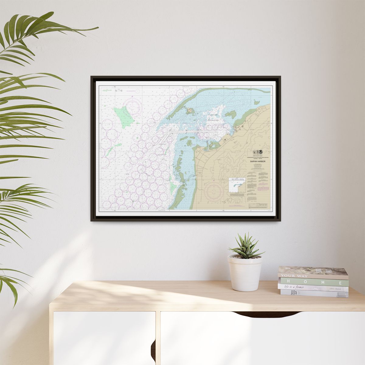 Chart 81076 Commonwealth of the Northern Mariana Islands Saipan Harbor - NOAA Nautical Chart Floating Frame Canvas | 32" x 24" | 40" x 30" - Espresso context-1