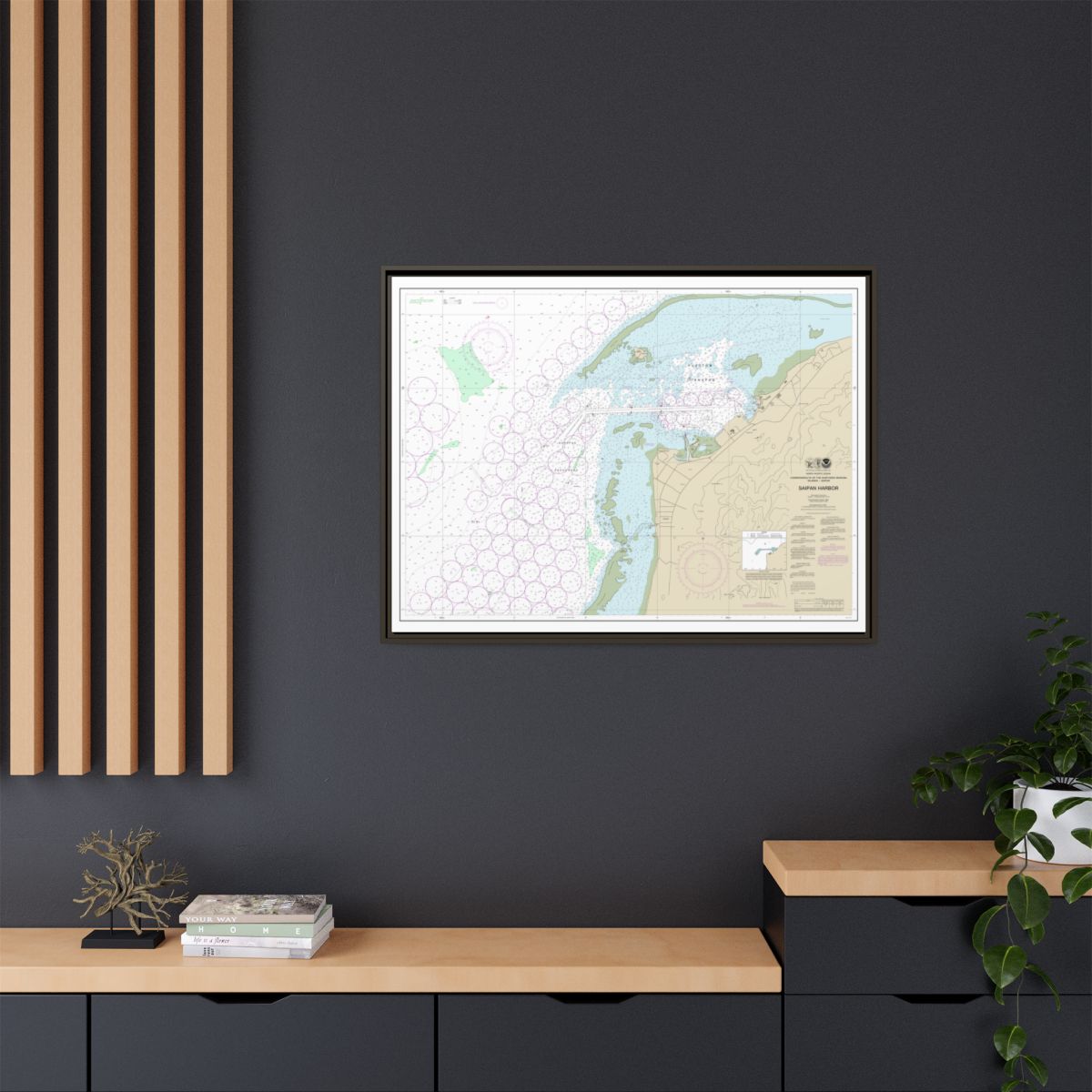 Chart 81076 Commonwealth of the Northern Mariana Islands Saipan Harbor - NOAA Nautical Chart Floating Frame Canvas | 32" x 24" | 40" x 30" - Espresso context-2