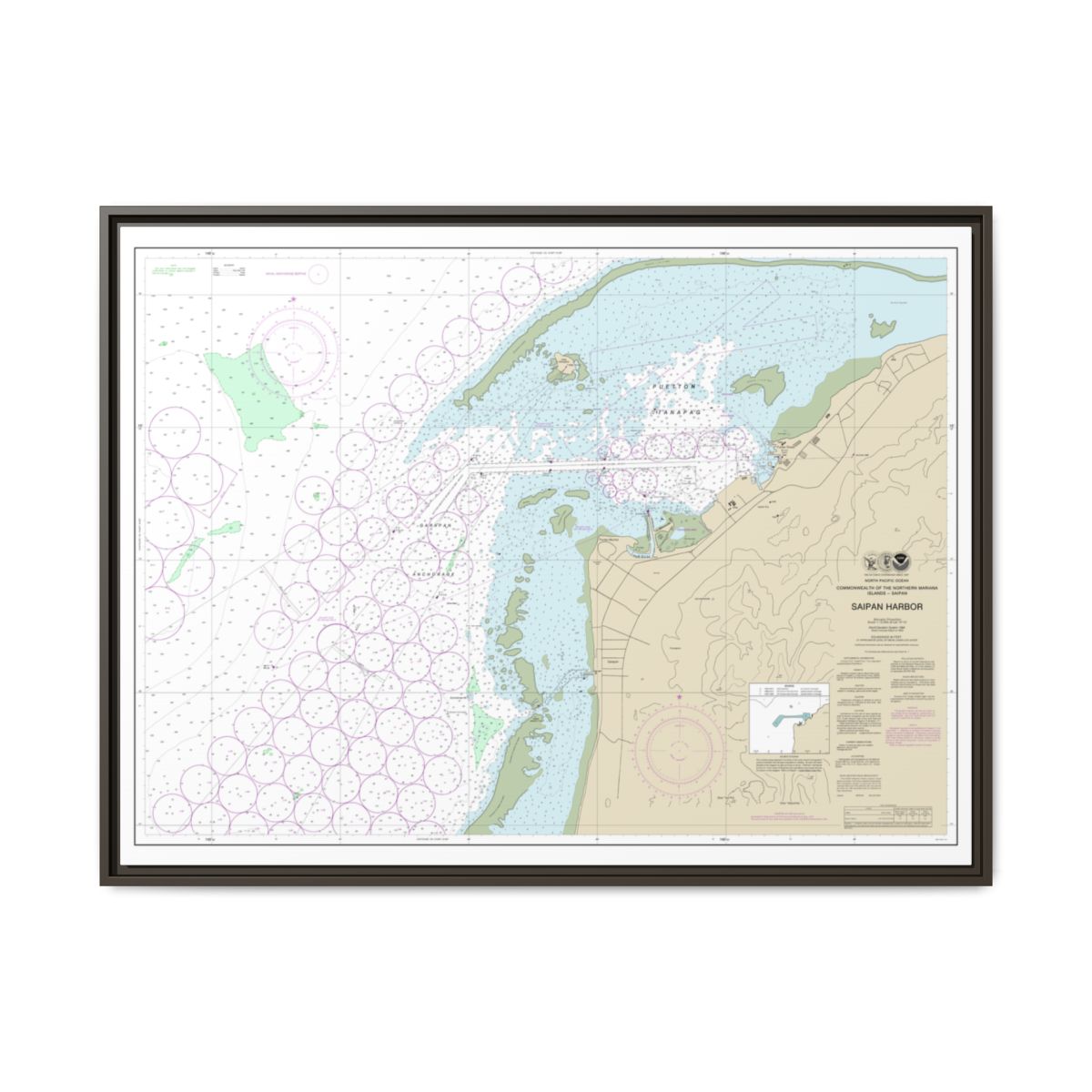 Chart 81076 Commonwealth of the Northern Mariana Islands Saipan Harbor - NOAA Nautical Chart Floating Frame Canvas | 32" x 24" | 40" x 30" - Espresso front