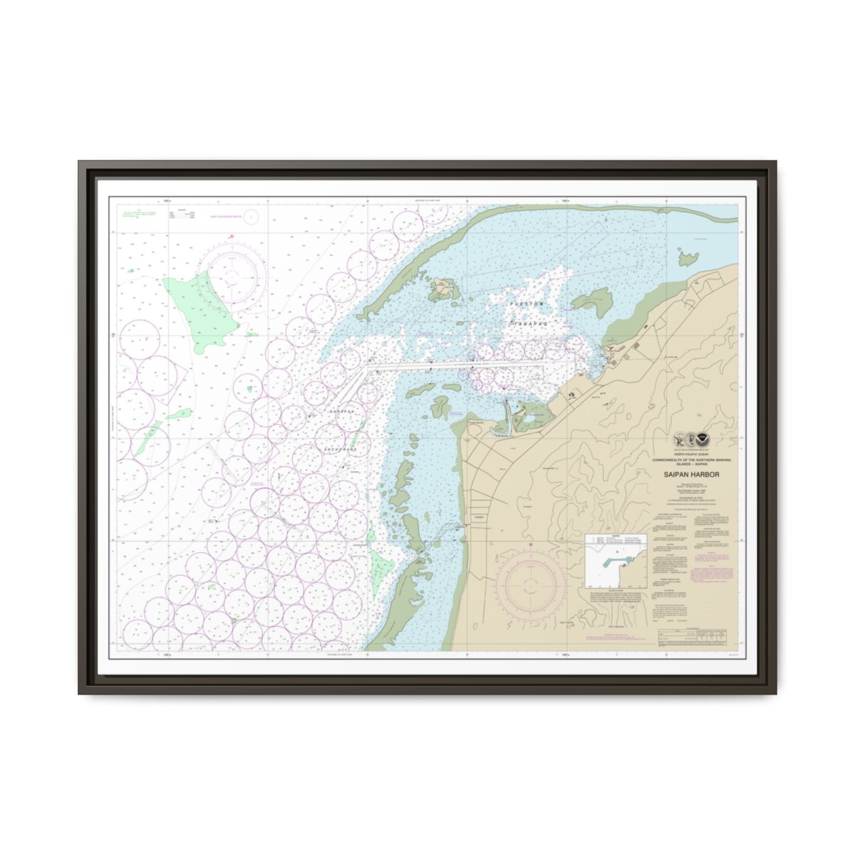 Chart 81076 Commonwealth of the Northern Mariana Islands Saipan Harbor - NOAA Nautical Chart Floating Frame Canvas | 32" x 24" | 40" x 30" - Espresso front