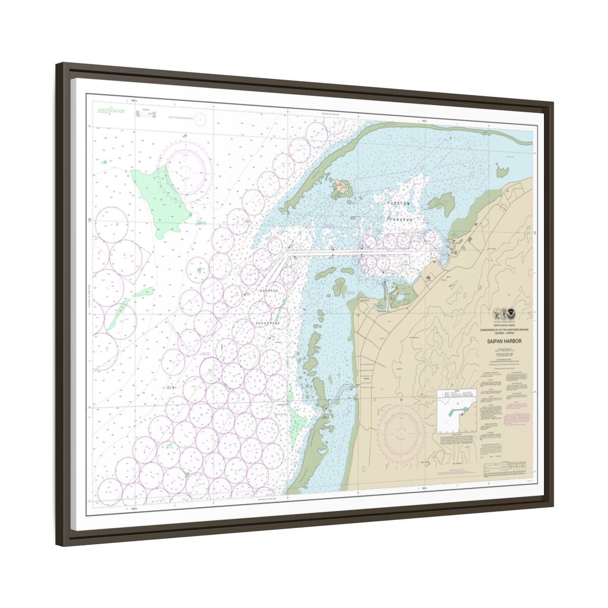 Chart 81076 Commonwealth of the Northern Mariana Islands Saipan Harbor - NOAA Nautical Chart Floating Frame Canvas | 32" x 24" | 40" x 30" - Espresso side