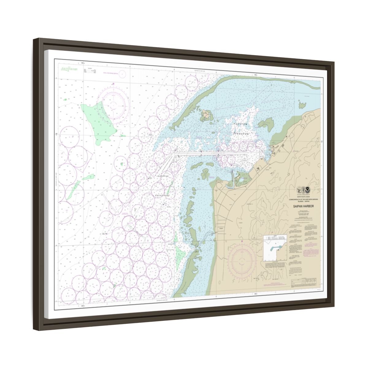 Chart 81076 Commonwealth of the Northern Mariana Islands Saipan Harbor - NOAA Nautical Chart Floating Frame Canvas | 32" x 24" | 40" x 30" - Espresso side