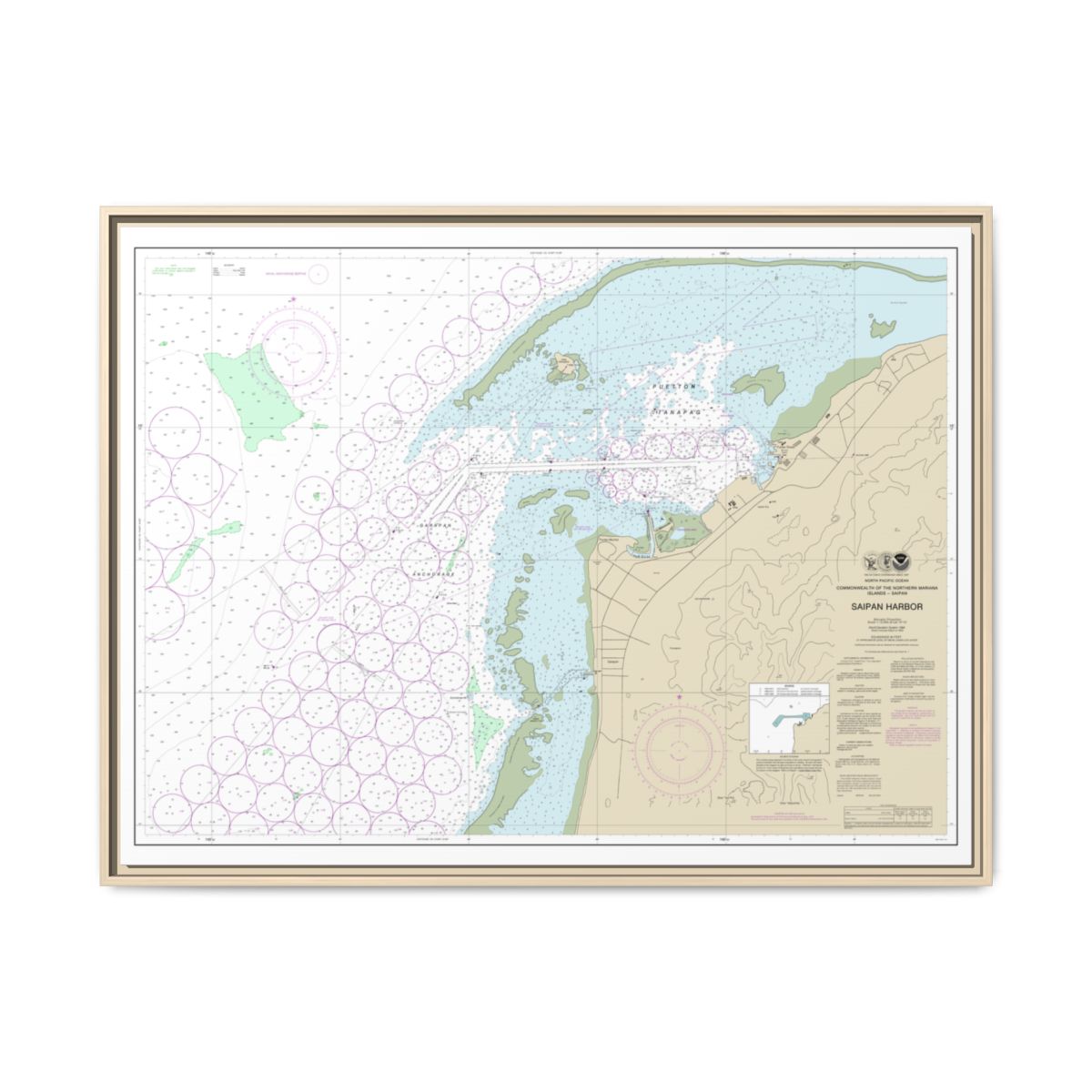 Chart 81076 Commonwealth of the Northern Mariana Islands Saipan Harbor - NOAA Nautical Chart Floating Frame Canvas | 32" x 24" | 40" x 30" - Natural front