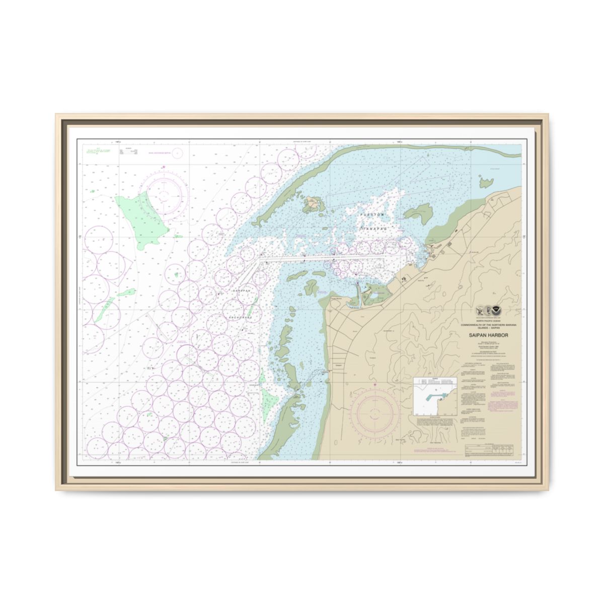 Chart 81076 Commonwealth of the Northern Mariana Islands Saipan Harbor - NOAA Nautical Chart Floating Frame Canvas | 32" x 24" | 40" x 30" - Natural front