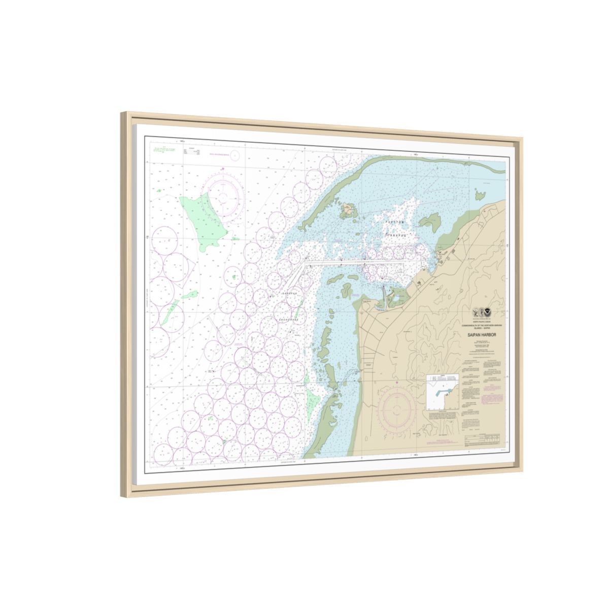 Chart 81076 Commonwealth of the Northern Mariana Islands Saipan Harbor - NOAA Nautical Chart Floating Frame Canvas | 32" x 24" | 40" x 30" - Natural side
