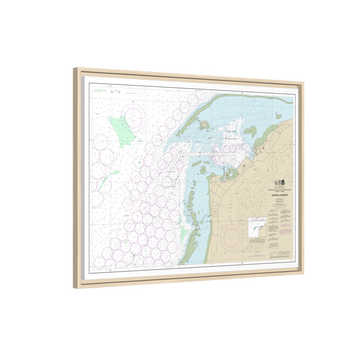 Chart 81076 Commonwealth of the Northern Mariana Islands Saipan Harbor - NOAA Nautical Chart Floating Frame Canvas | 32" x 24" | 40" x 30" - Natural side