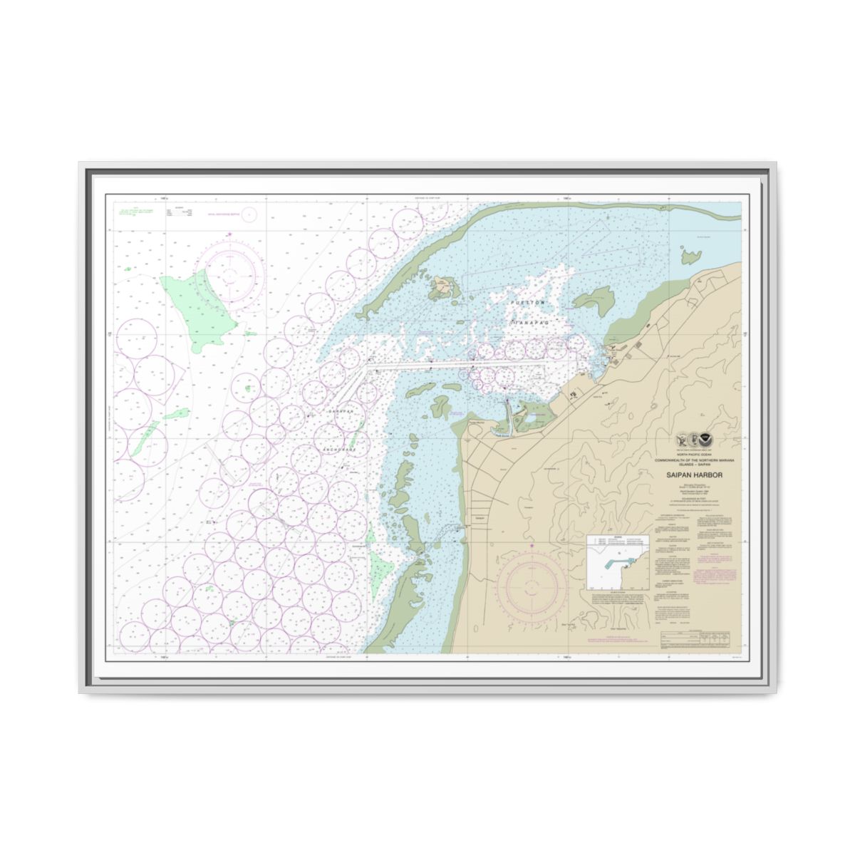 Chart 81076 Commonwealth of the Northern Mariana Islands Saipan Harbor - NOAA Nautical Chart Floating Frame Canvas | 32" x 24" | 40" x 30" - White front