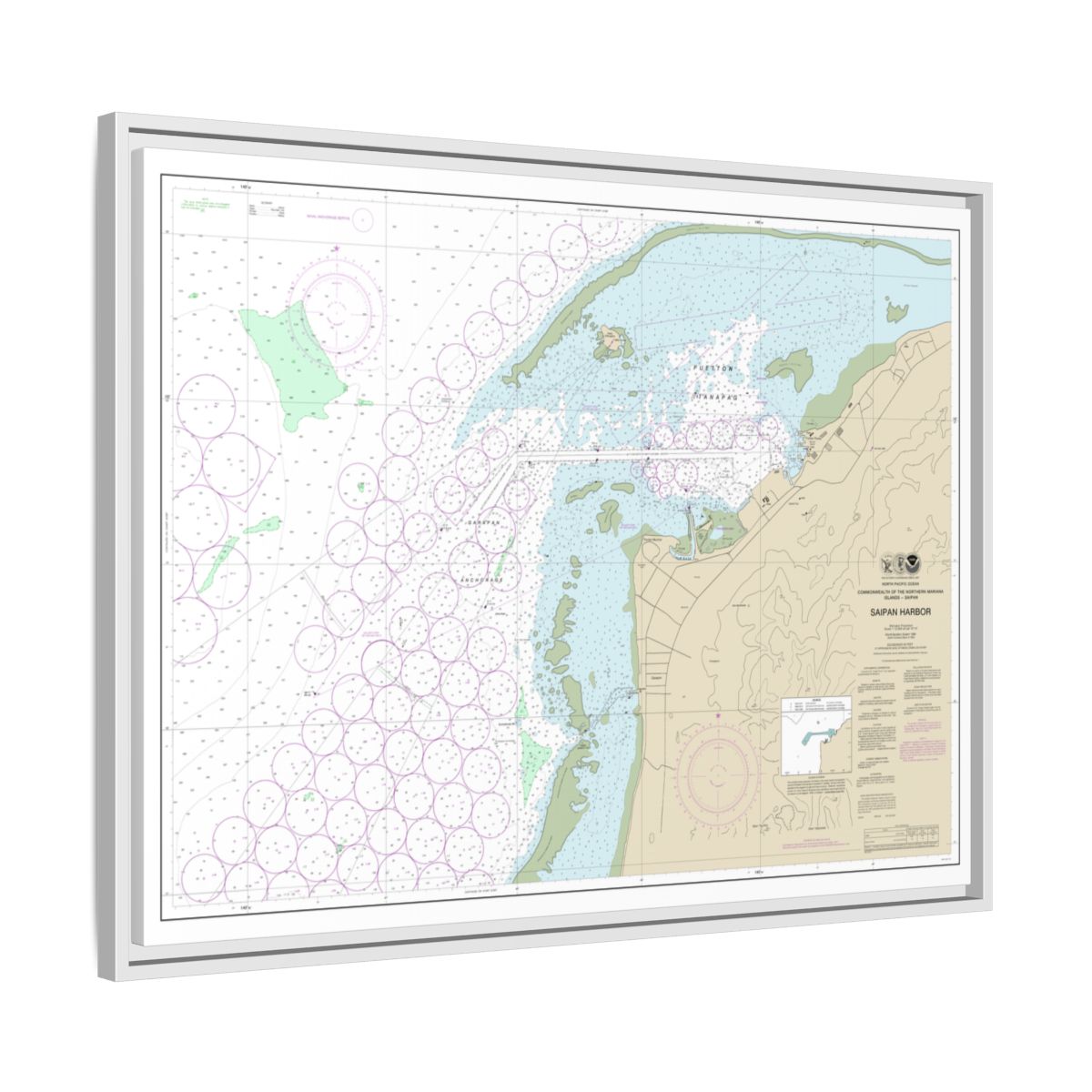 Chart 81076 Commonwealth of the Northern Mariana Islands Saipan Harbor - NOAA Nautical Chart Floating Frame Canvas | 32" x 24" | 40" x 30" - White side