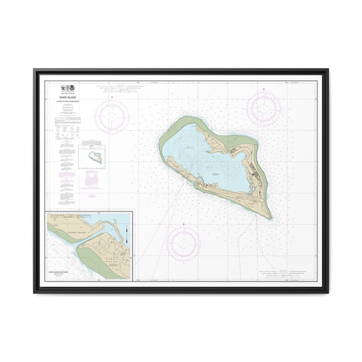 Chart 81664 Wake Island;Wake Island Boat Basin - NOAA Nautical Chart Floating Frame Canvas | 32" x 24" | 40" x 30" - Black front