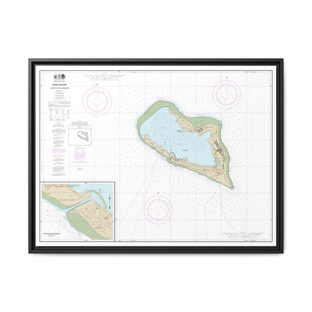 Chart 81664 Wake Island;Wake Island Boat Basin - NOAA Nautical Chart Floating Frame Canvas | 32" x 24" | 40" x 30" - Black front