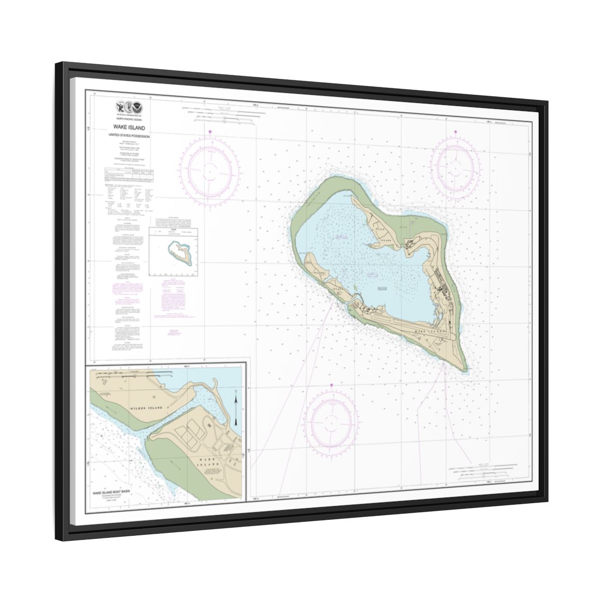 Chart 81664 Wake Island;Wake Island Boat Basin - NOAA Nautical Chart Floating Frame Canvas | 32" x 24" | 40" x 30" - Black side