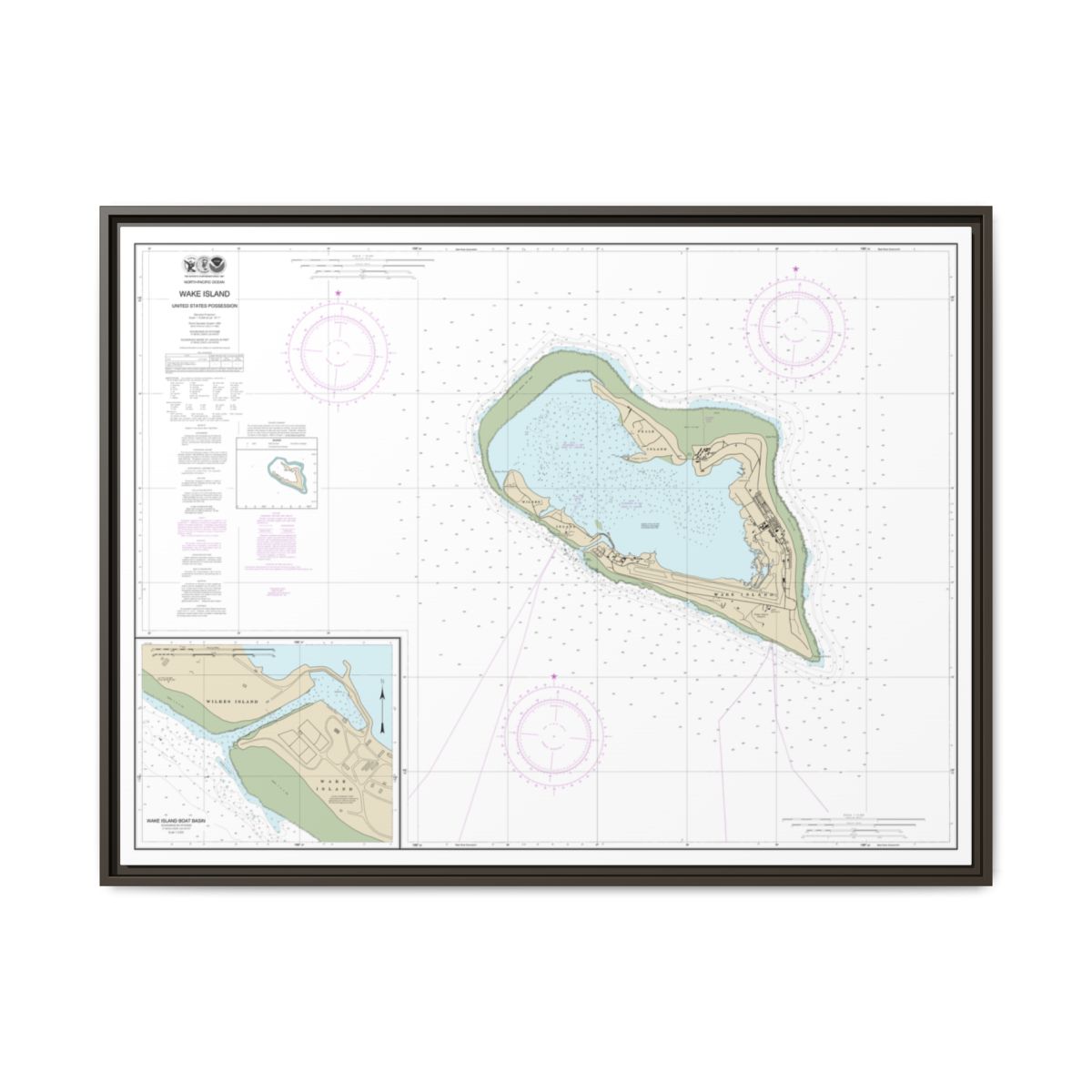 Chart 81664 Wake Island;Wake Island Boat Basin - NOAA Nautical Chart Floating Frame Canvas | 32" x 24" | 40" x 30" - Espresso front