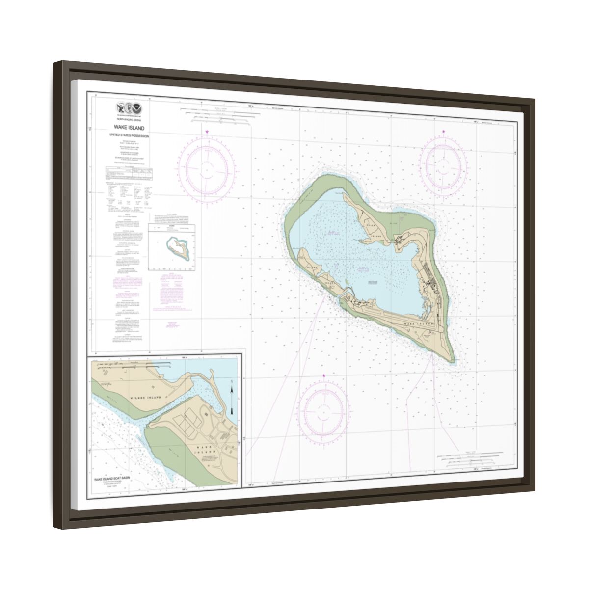 Chart 81664 Wake Island;Wake Island Boat Basin - NOAA Nautical Chart Floating Frame Canvas | 32" x 24" | 40" x 30" - Espresso side