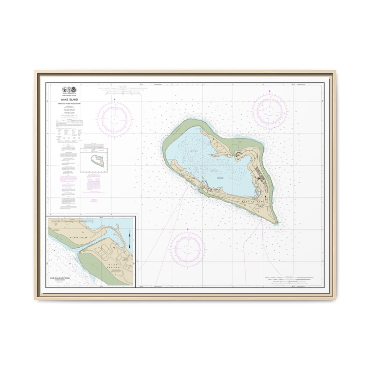 Chart 81664 Wake Island;Wake Island Boat Basin - NOAA Nautical Chart Floating Frame Canvas | 32" x 24" | 40" x 30" - Natural front