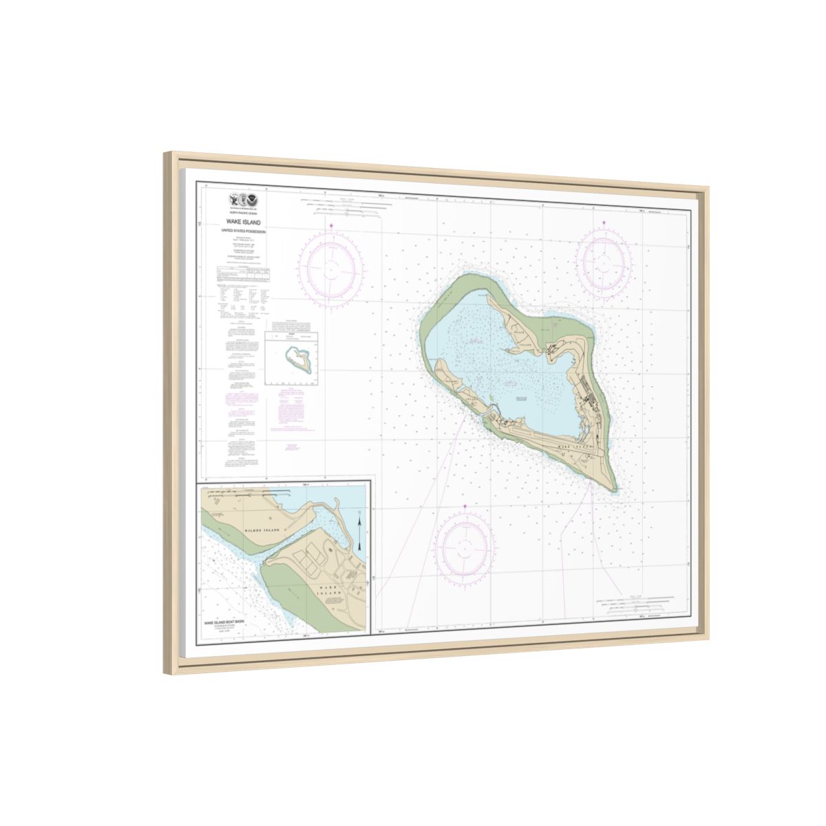 Chart 81664 Wake Island;Wake Island Boat Basin - NOAA Nautical Chart Floating Frame Canvas | 32" x 24" | 40" x 30" - Natural side