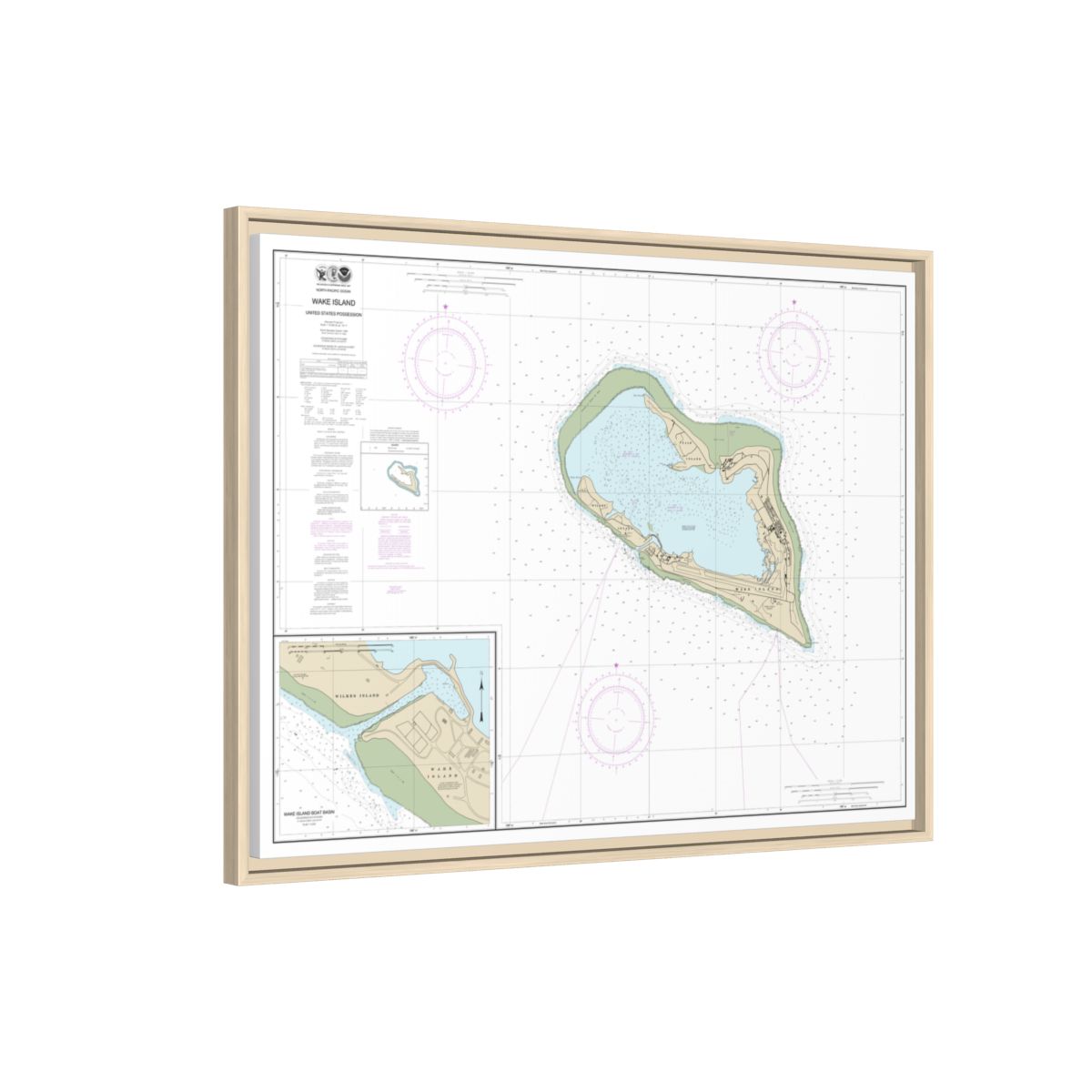 Chart 81664 Wake Island;Wake Island Boat Basin - NOAA Nautical Chart Floating Frame Canvas | 32" x 24" | 40" x 30" - Natural side