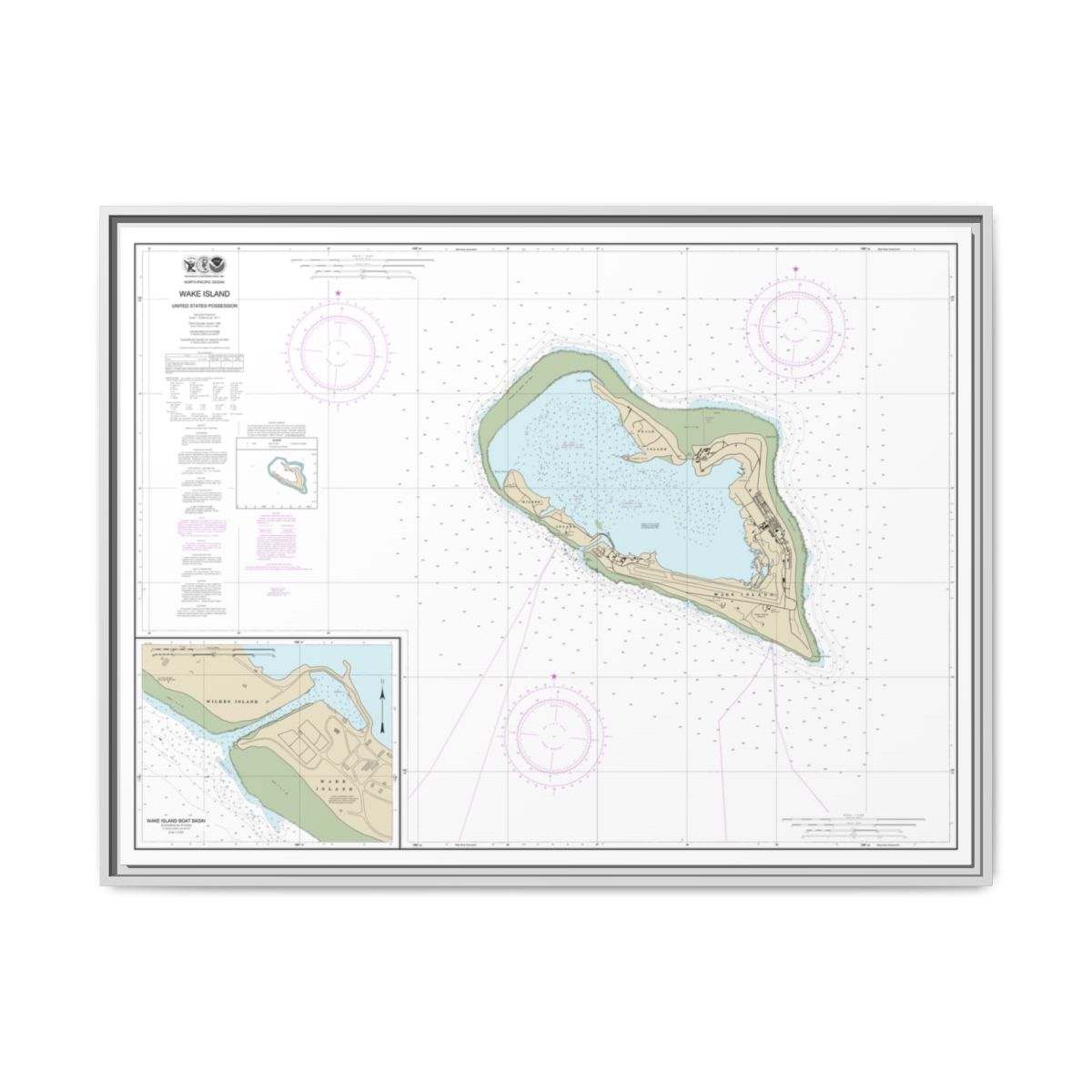 Chart 81664 Wake Island;Wake Island Boat Basin - NOAA Nautical Chart Floating Frame Canvas | 32" x 24" | 40" x 30" - White front