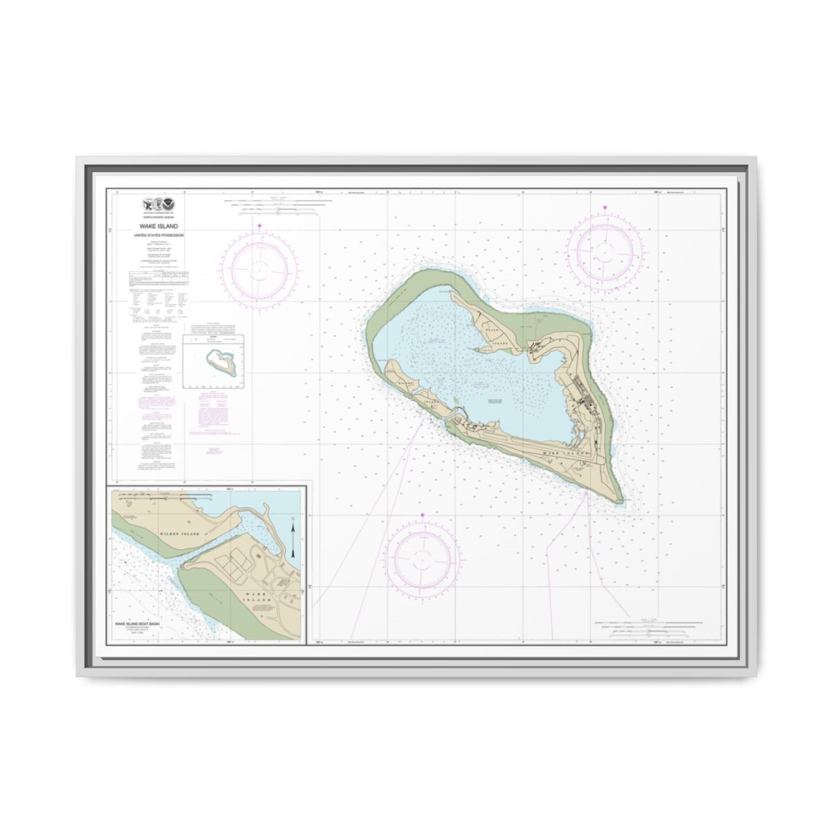 Chart 81664 Wake Island;Wake Island Boat Basin - NOAA Nautical Chart Floating Frame Canvas | 32" x 24" | 40" x 30" - White front