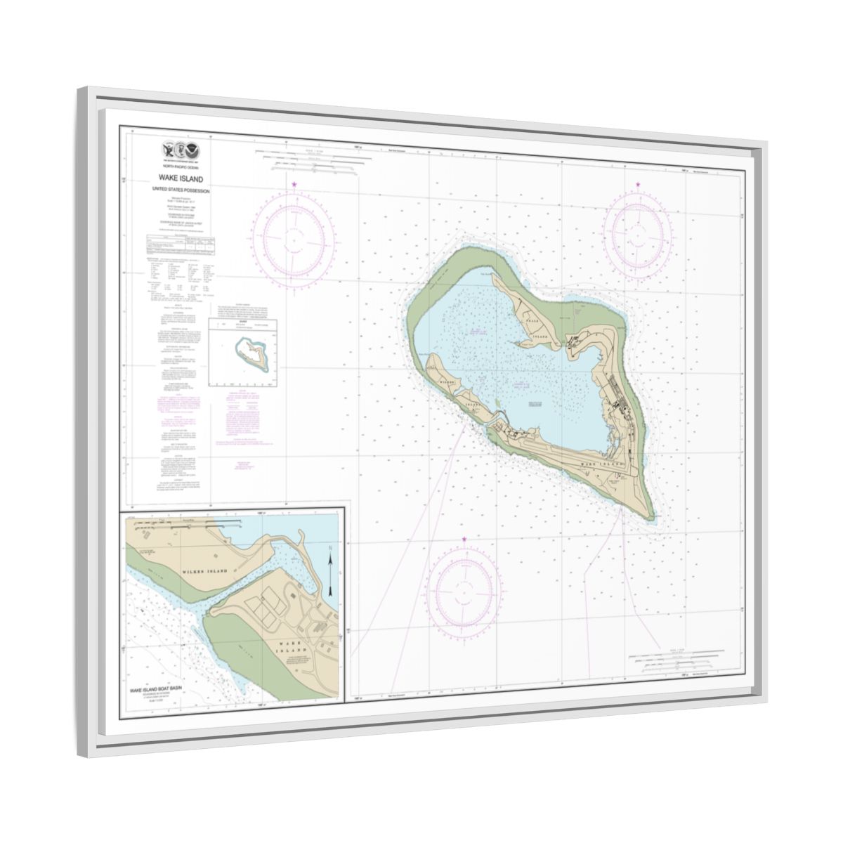 Chart 81664 Wake Island;Wake Island Boat Basin - NOAA Nautical Chart Floating Frame Canvas | 32" x 24" | 40" x 30" - White side