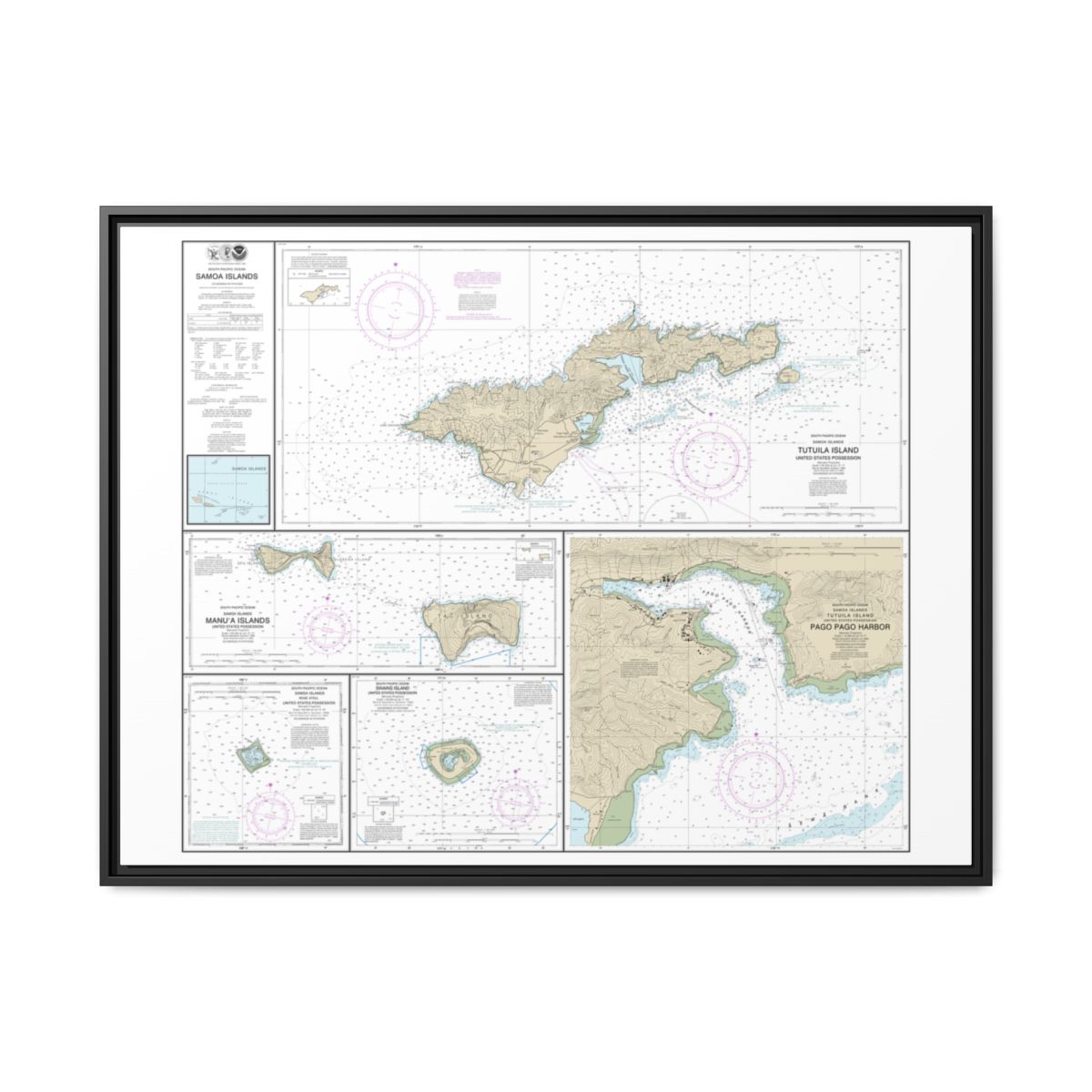 Chart 83484 U.S. Possessions in Samoa Islands Manua Islands;Pago Pago Harbor;Tutuila Island;Rose Atoll;Swains Island - NOAA Nautical Chart Floating Frame Canvas | 32" x 24" | 40" x 30" - Black front