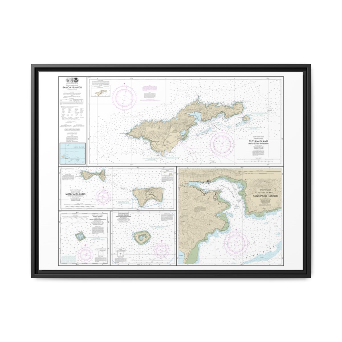 Chart 83484 U.S. Possessions in Samoa Islands Manua Islands;Pago Pago Harbor;Tutuila Island;Rose Atoll;Swains Island - NOAA Nautical Chart Floating Frame Canvas | 32" x 24" | 40" x 30" - Black front