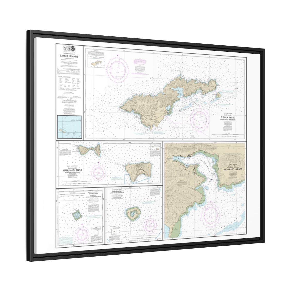 Chart 83484 U.S. Possessions in Samoa Islands Manua Islands;Pago Pago Harbor;Tutuila Island;Rose Atoll;Swains Island - NOAA Nautical Chart Floating Frame Canvas | 32" x 24" | 40" x 30" - Black side