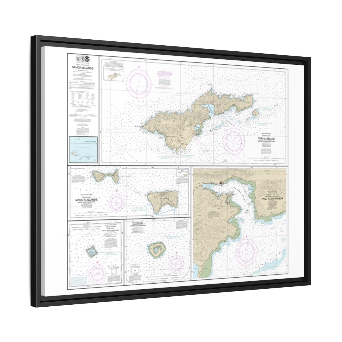 Chart 83484 U.S. Possessions in Samoa Islands Manua Islands;Pago Pago Harbor;Tutuila Island;Rose Atoll;Swains Island - NOAA Nautical Chart Floating Frame Canvas | 32" x 24" | 40" x 30" - Black side
