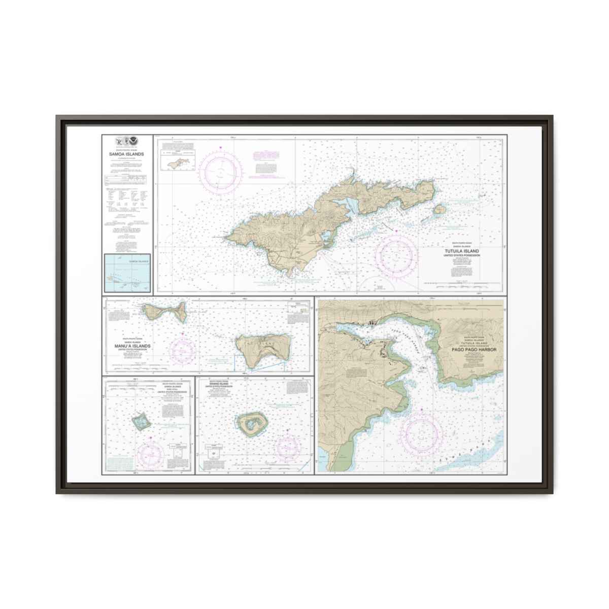 Chart 83484 U.S. Possessions in Samoa Islands Manua Islands;Pago Pago Harbor;Tutuila Island;Rose Atoll;Swains Island - NOAA Nautical Chart Floating Frame Canvas | 32" x 24" | 40" x 30" - Espresso front