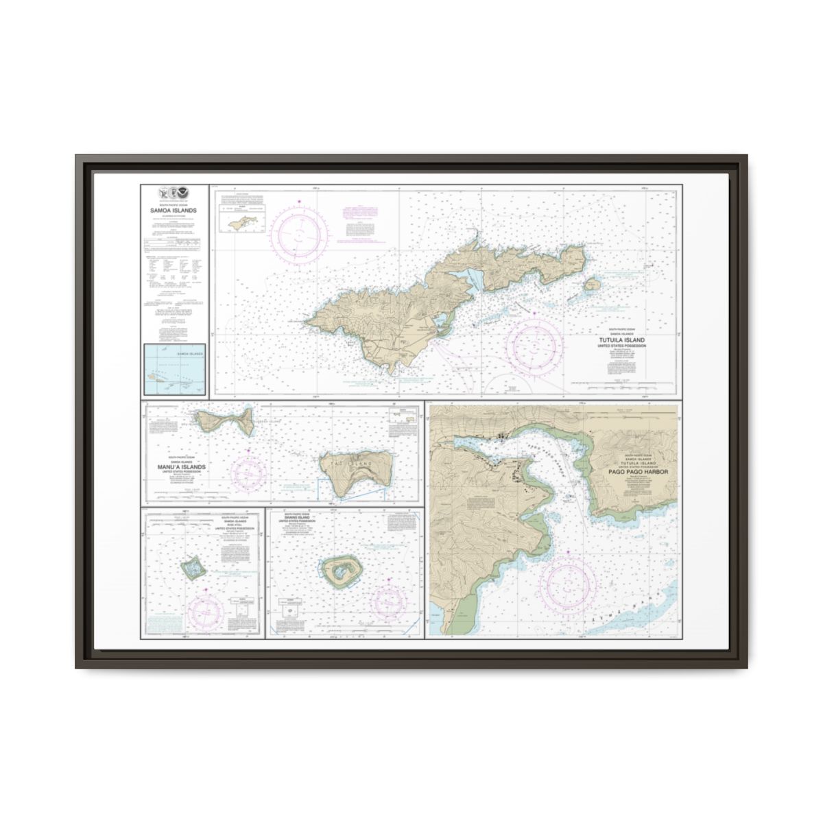 Chart 83484 U.S. Possessions in Samoa Islands Manua Islands;Pago Pago Harbor;Tutuila Island;Rose Atoll;Swains Island - NOAA Nautical Chart Floating Frame Canvas | 32" x 24" | 40" x 30" - Espresso front