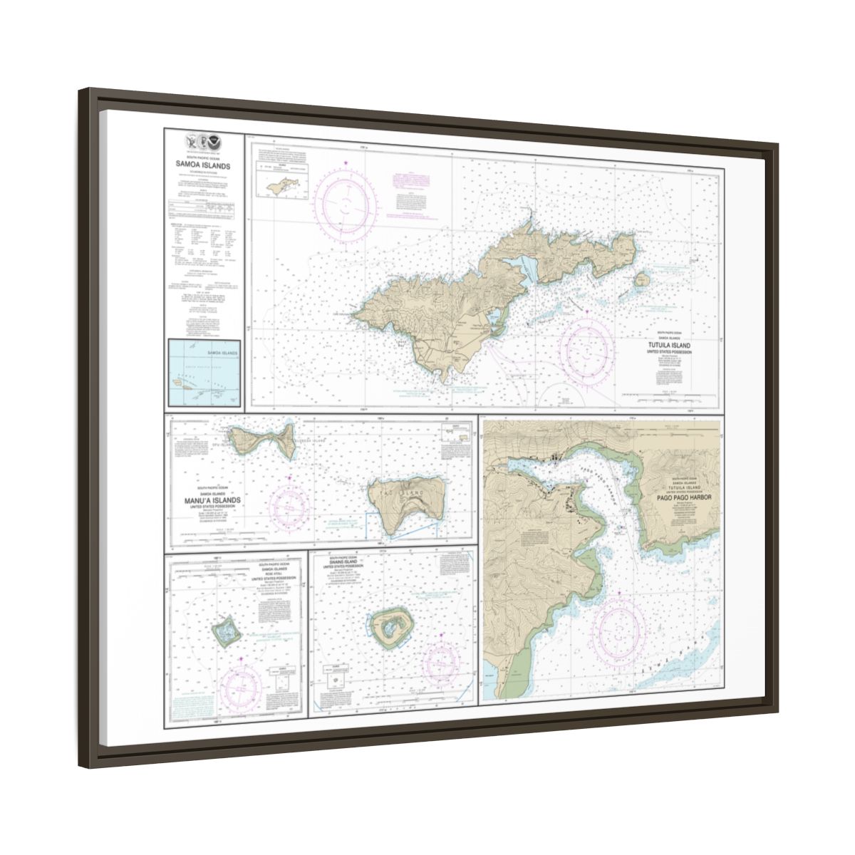 Chart 83484 U.S. Possessions in Samoa Islands Manua Islands;Pago Pago Harbor;Tutuila Island;Rose Atoll;Swains Island - NOAA Nautical Chart Floating Frame Canvas | 32" x 24" | 40" x 30" - Espresso side